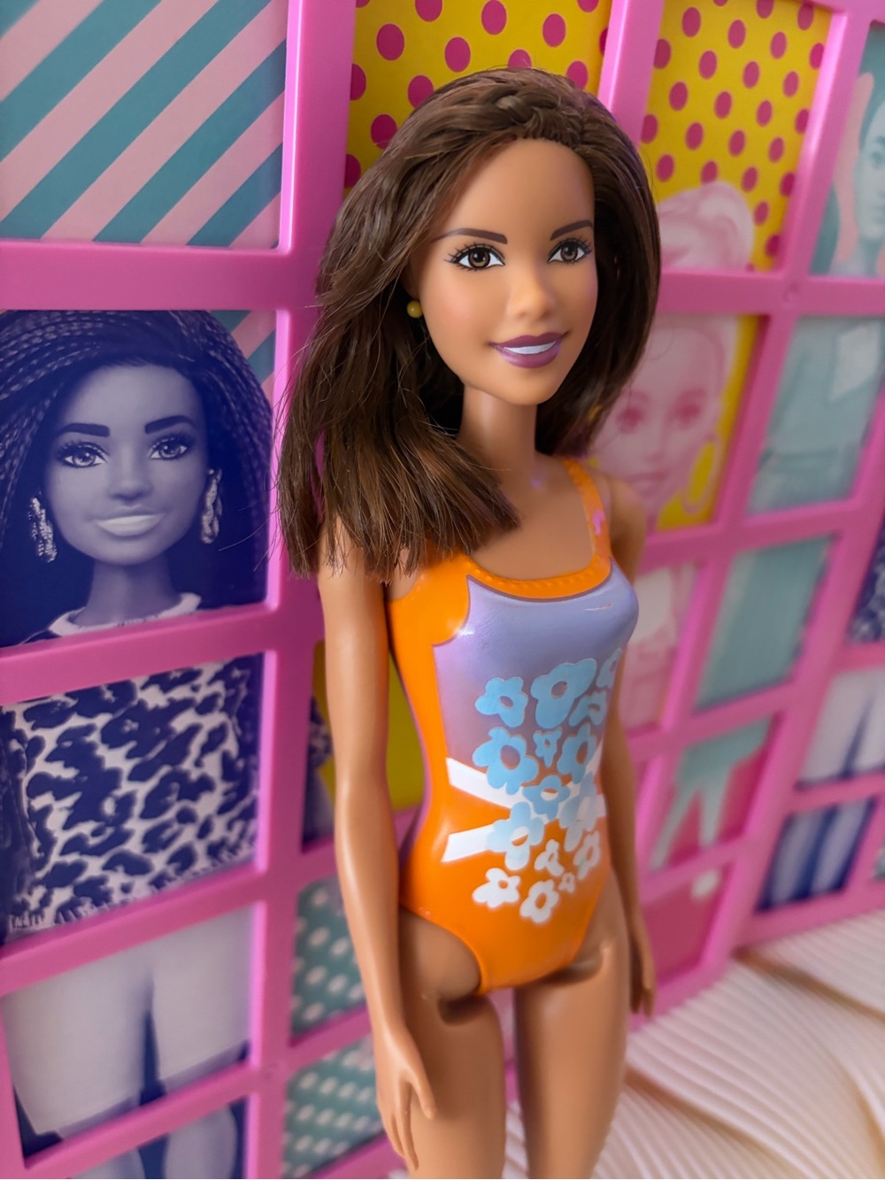 Barbie Brown Hair Doll in Orange & Lavender Floral Swimsuit